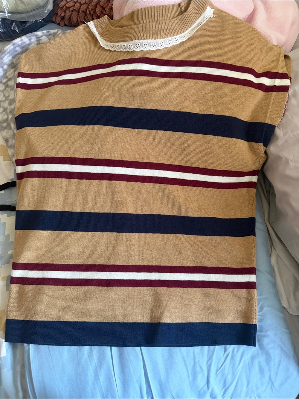 Striped Cropped Knit Top in Tan and Navy